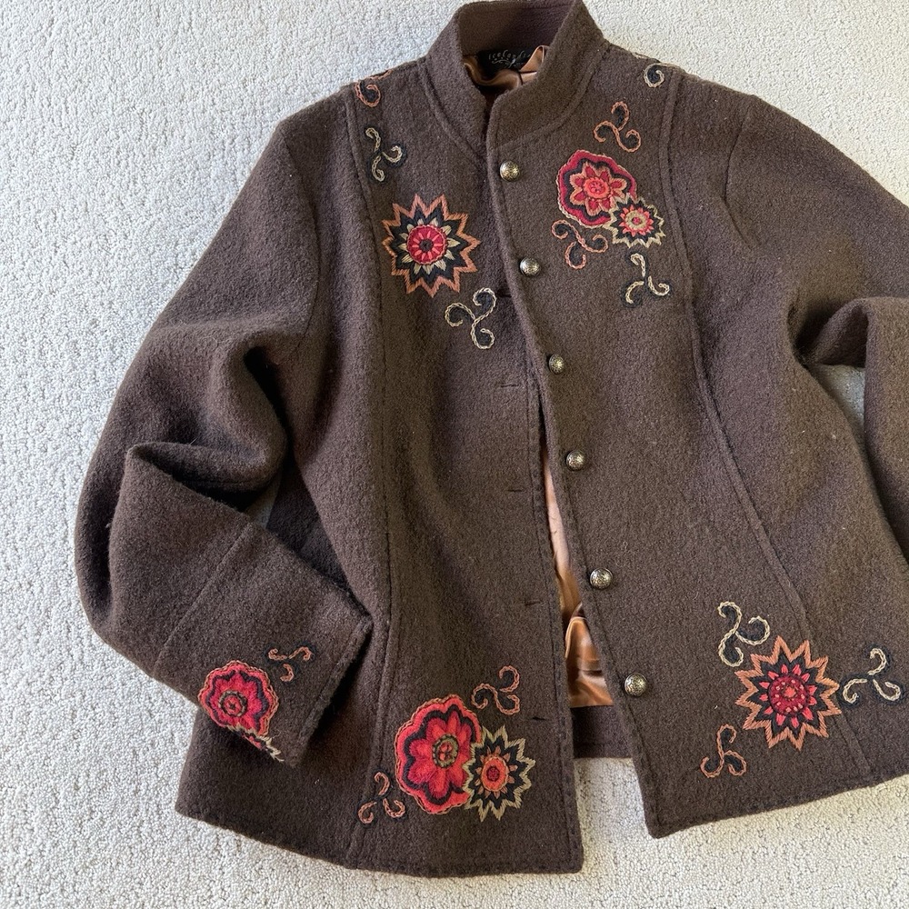 Icelandic Designs Boiled Wool Jacket‎ L Brown Embroidered Floral Boho $220
